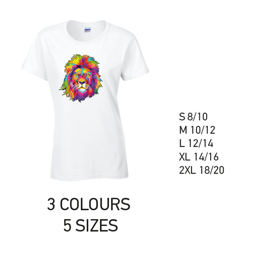 LT18 Lion Animal Ladies Cotton T-Shirt 5 sizes 3 Colours Available Latex printed