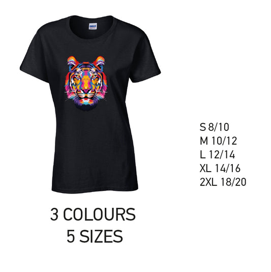 LT19 Tiger Animal Ladies Cotton T-Shirt 5 sizes 3 Colours Available Latex printed