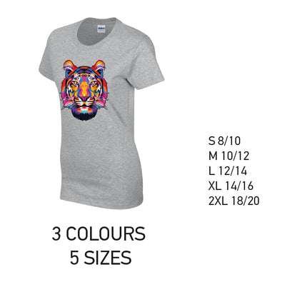 LT19 Tiger Animal Ladies Cotton T-Shirt 5 sizes 3 Colours Available Latex printed