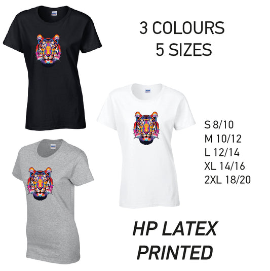 LT19 Tiger Animal Ladies Cotton T-Shirt 5 sizes 3 Colours Available Latex printed