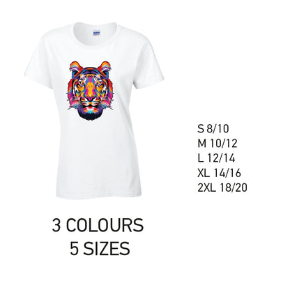 LT19 Tiger Animal Ladies Cotton T-Shirt 5 sizes 3 Colours Available Latex printed