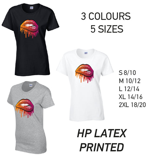 LT20 Orange and Pink Lips Ladies Cotton T-Shirt 5 sizes 3 Colours Available Latex printed
