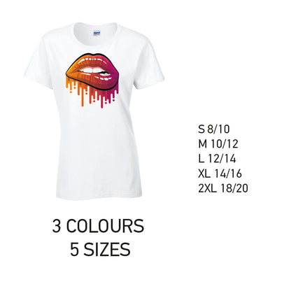 LT20 Orange and Pink Lips Ladies Cotton T-Shirt 5 sizes 3 Colours Available Latex printed