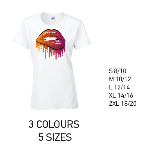 LT20 Orange and Pink Lips Ladies Cotton T-Shirt 5 sizes 3 Colours Available Latex printed