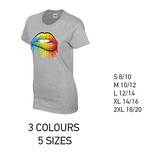 LT21 Rainbow Lips Ladies Cotton T-Shirt 5 sizes 3 Colours Available Latex printed