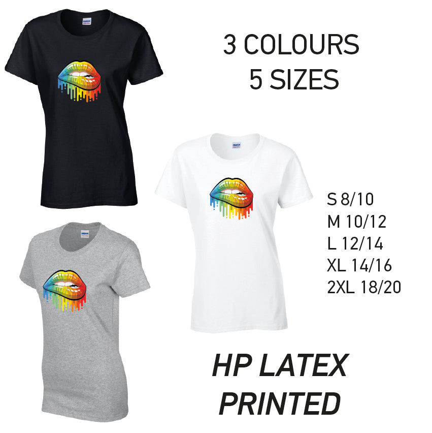 LT21 Rainbow Lips Ladies Cotton T-Shirt 5 sizes 3 Colours Available Latex printed