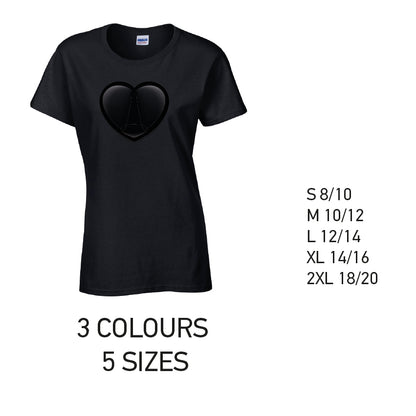 LT22 Black Heart Ladies Cotton T-Shirt 5 sizes 3 Colours Available Latex printed
