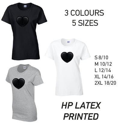 LT22 Black Heart Ladies Cotton T-Shirt 5 sizes 3 Colours Available Latex printed