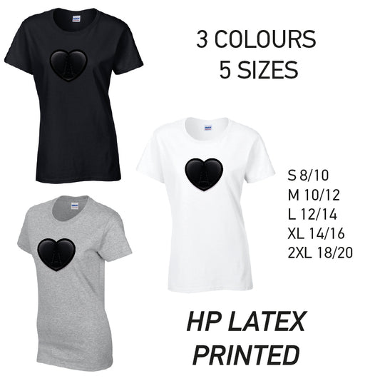 LT22 Black Heart Ladies Cotton T-Shirt 5 sizes 3 Colours Available Latex printed