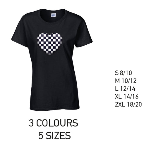 LT23 Black Chequered Heart Ladies Cotton T-Shirt 5 sizes 3 Colours Available Latex printed