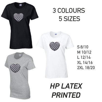LT23 Black Chequered Heart Ladies Cotton T-Shirt 5 sizes 3 Colours Available Latex printed