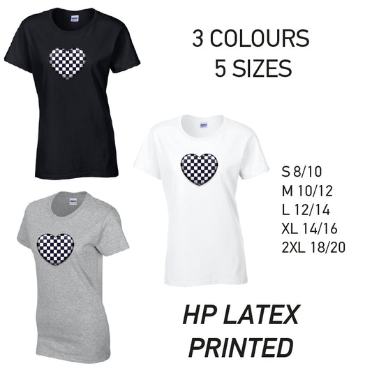 LT23 Black Chequered Heart Ladies Cotton T-Shirt 5 sizes 3 Colours Available Latex printed