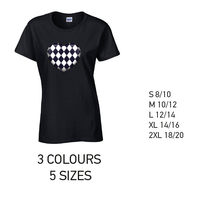 LT24 Black Harley Quinn Heart Ladies Cotton T-Shirt 5 sizes 3 Colours Available Latex printed