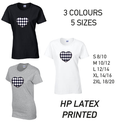LT24 Black Harley Quinn Heart Ladies Cotton T-Shirt 5 sizes 3 Colours Available Latex printed