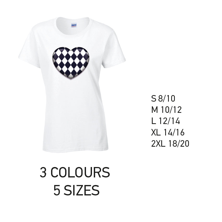 LT24 Black Harley Quinn Heart Ladies Cotton T-Shirt 5 sizes 3 Colours Available Latex printed