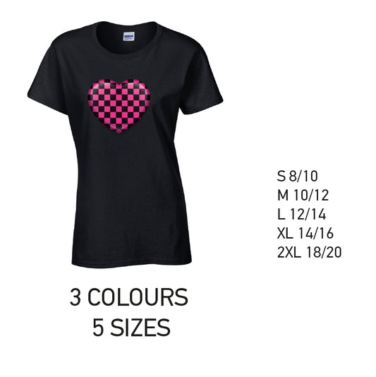 LT25 Pink Chequered Heart Ladies Cotton T-Shirt 5 sizes 3 Colours Available Latex printed