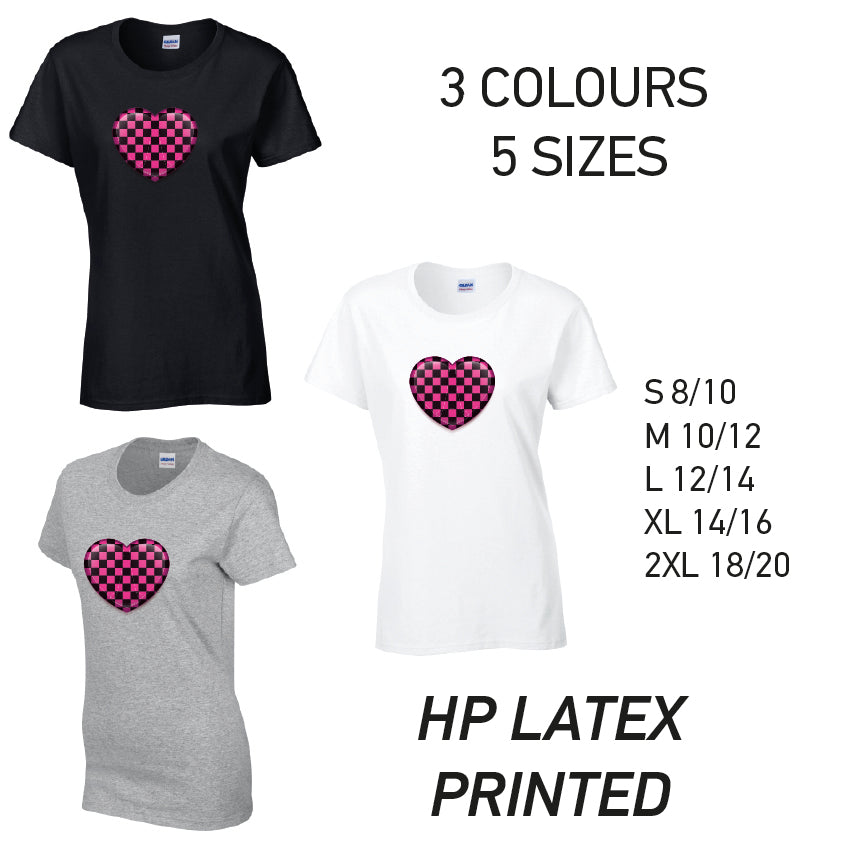 LT25 Pink Chequered Heart Ladies Cotton T-Shirt 5 sizes 3 Colours Available Latex printed