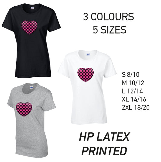 LT25 Pink Chequered Heart Ladies Cotton T-Shirt 5 sizes 3 Colours Available Latex printed