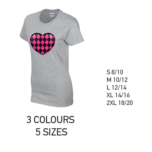 LT26 Pink Harley Quinn Heart Ladies Cotton T-Shirt 5 sizes 3 Colours Available Latex printed