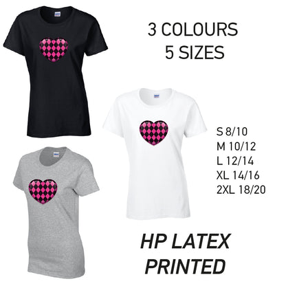 LT26 Pink Harley Quinn Heart Ladies Cotton T-Shirt 5 sizes 3 Colours Available Latex printed