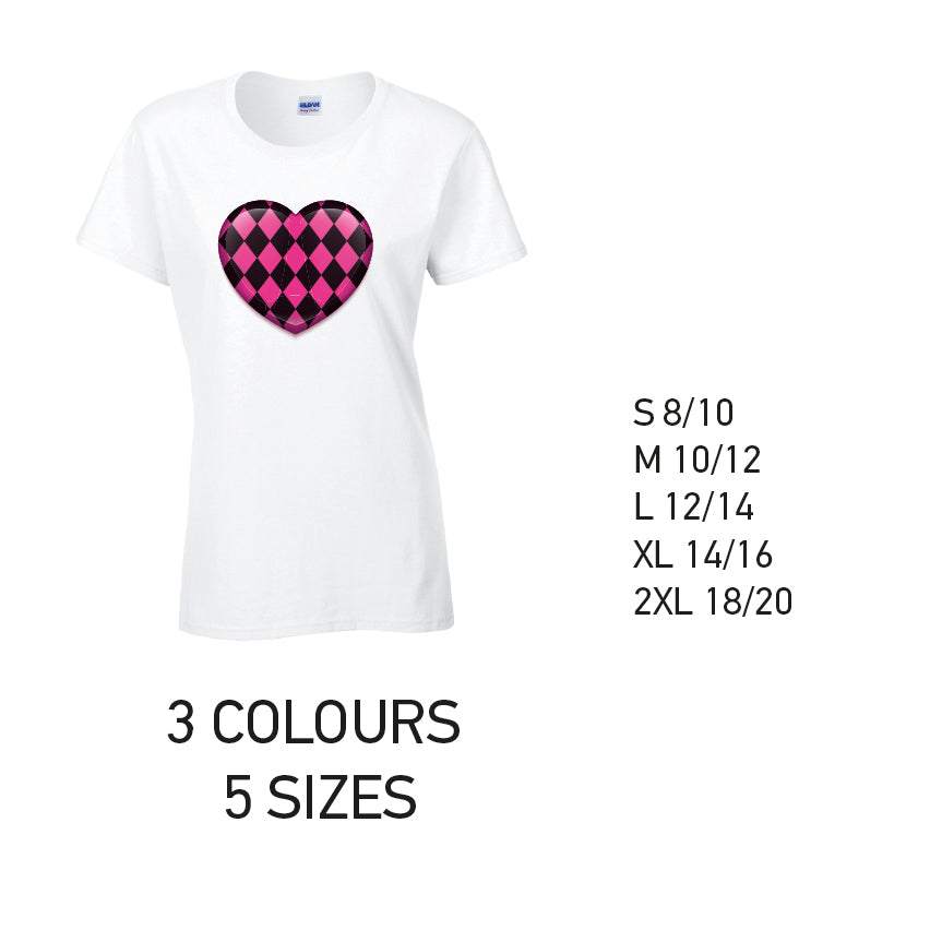 LT26 Pink Harley Quinn Heart Ladies Cotton T-Shirt 5 sizes 3 Colours Available Latex printed
