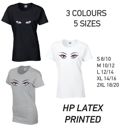 LT28 Purple Eyes Ladies Cotton T-Shirt 5 sizes 3 Colours Available Latex printed