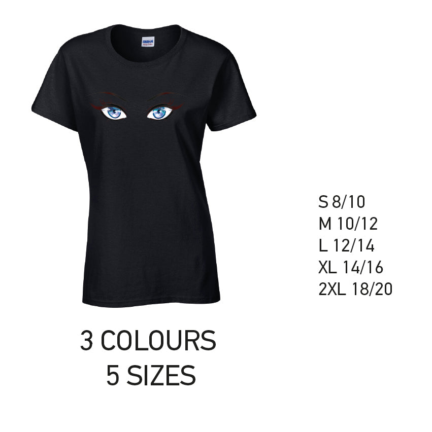 LT30 Blue Eyes Ladies Cotton T-Shirt 5 sizes 3 Colours Available Latex printed
