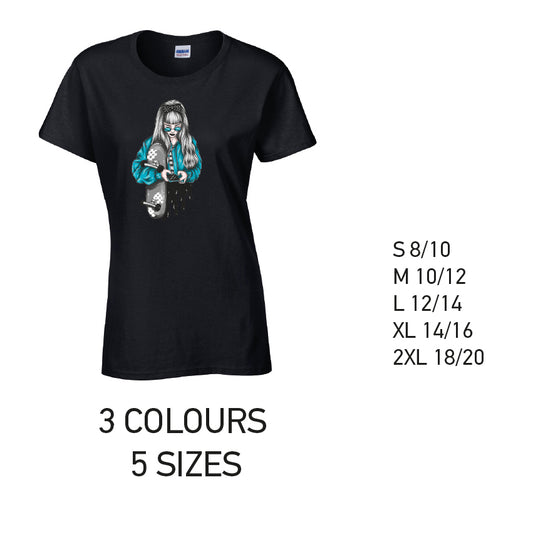 LT31 Blue Skater Girl Ladies Cotton T-Shirt 5 sizes 3 Colours Available Latex printed