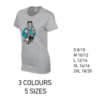 LT31 Blue Skater Girl Ladies Cotton T-Shirt 5 sizes 3 Colours Available Latex printed