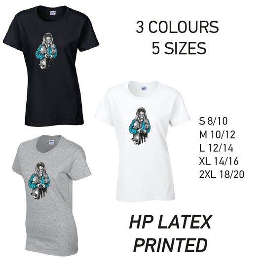 LT31 Blue Skater Girl Ladies Cotton T-Shirt 5 sizes 3 Colours Available Latex printed