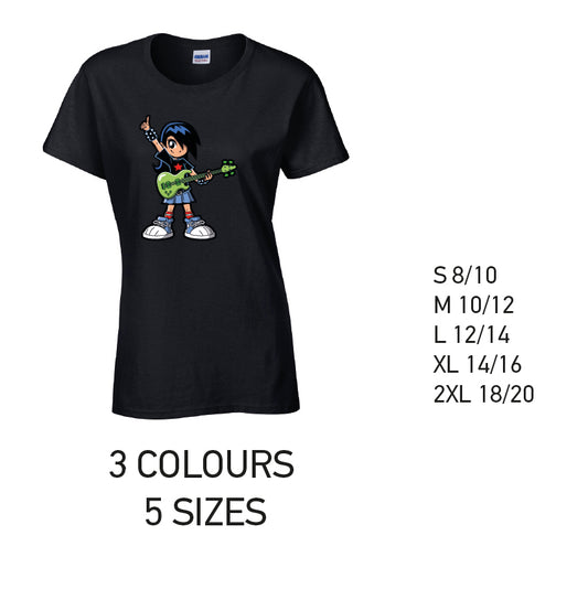 LT33 Guitar Girl Ladies Cotton T-Shirt 5 sizes 3 Colours Available Latex printed