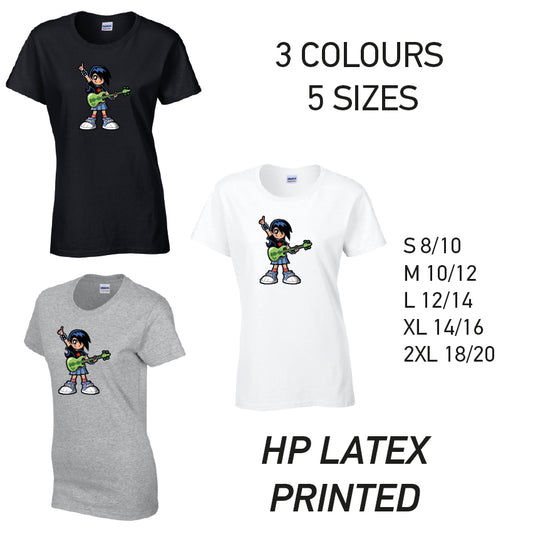 LT33 Guitar Girl Ladies Cotton T-Shirt 5 sizes 3 Colours Available Latex printed