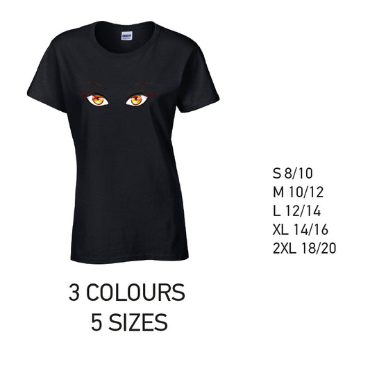 LT35 Orange Eyes Ladies Cotton T-Shirt 5 sizes 3 Colours Available Latex printed