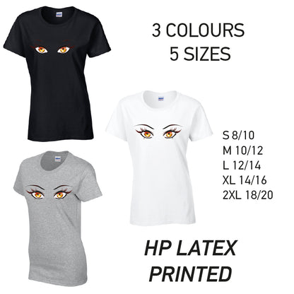LT35 Orange Eyes Ladies Cotton T-Shirt 5 sizes 3 Colours Available Latex printed