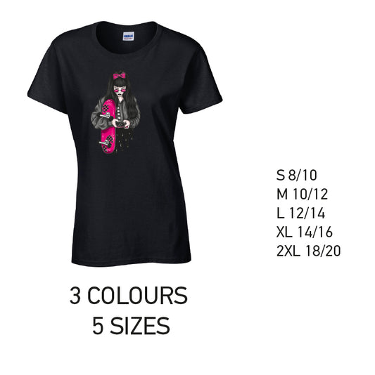 LT37 Pink Skater Girl Ladies Cotton T-Shirt 5 sizes 3 Colours Available Latex printed