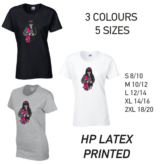 LT37 Pink Skater Girl Ladies Cotton T-Shirt 5 sizes 3 Colours Available Latex printed