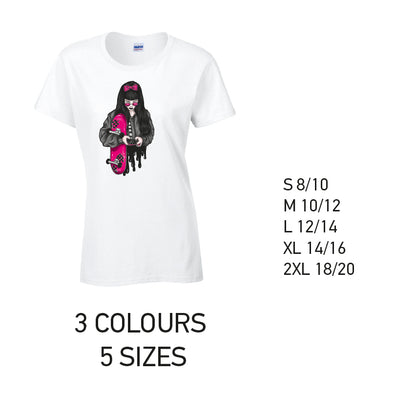LT37 Pink Skater Girl Ladies Cotton T-Shirt 5 sizes 3 Colours Available Latex printed