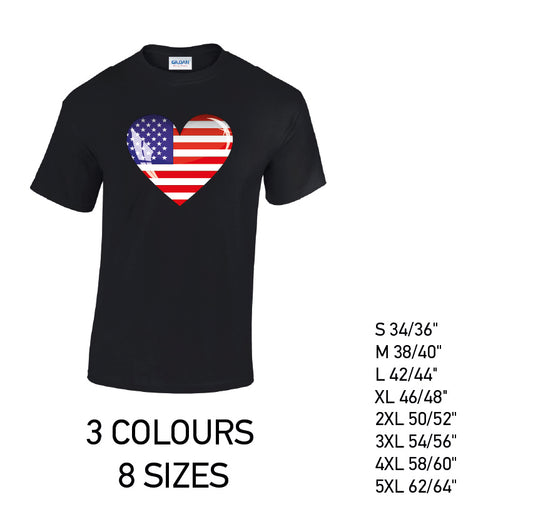 MT01 America Heart Mens Cotton T-shirts 8 sizes 3 Colours Available Latex printed