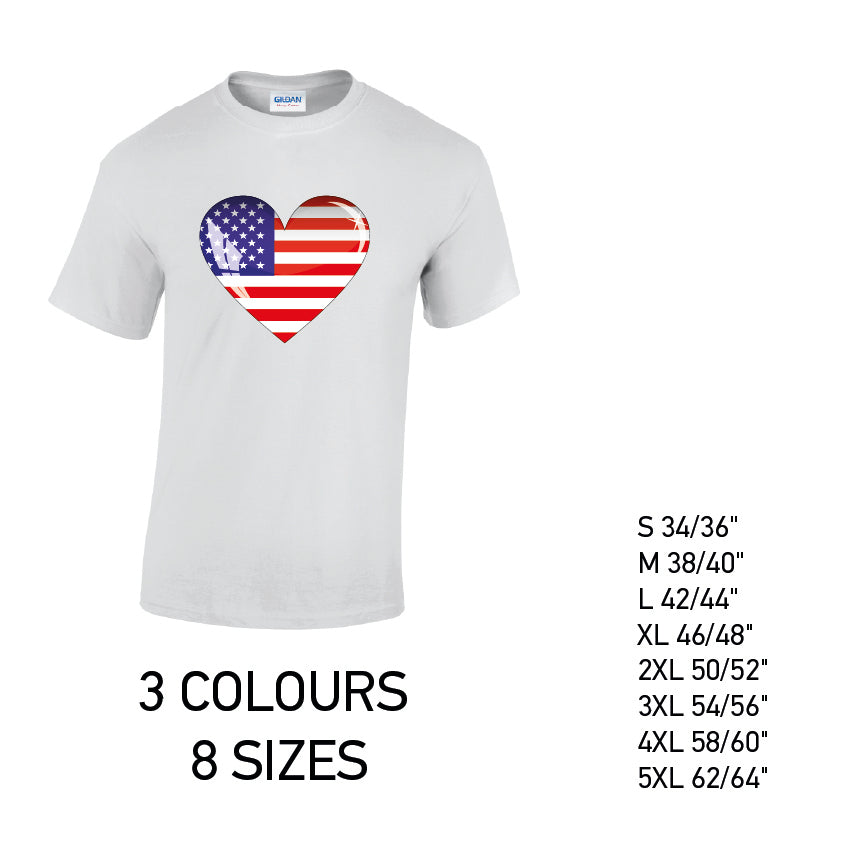 MT01 America Heart Mens Cotton T-shirts 8 sizes 3 Colours Available Latex printed