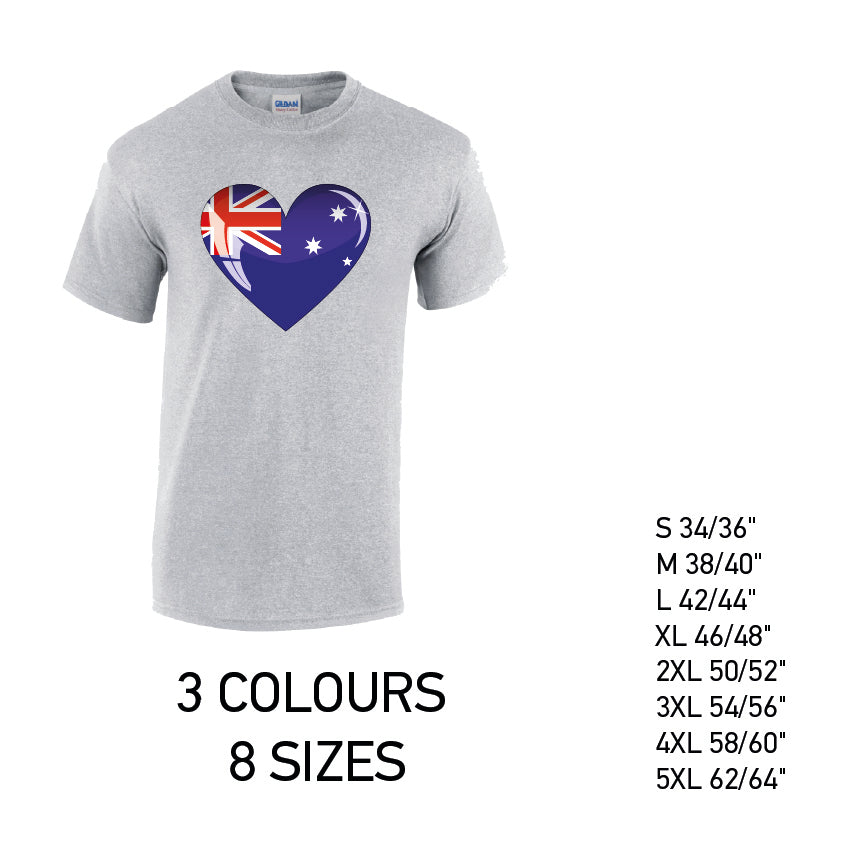 MT03 Austraila Heart Mens Cotton T-Shirt 8 sizes 3 Colours Available Latex printed