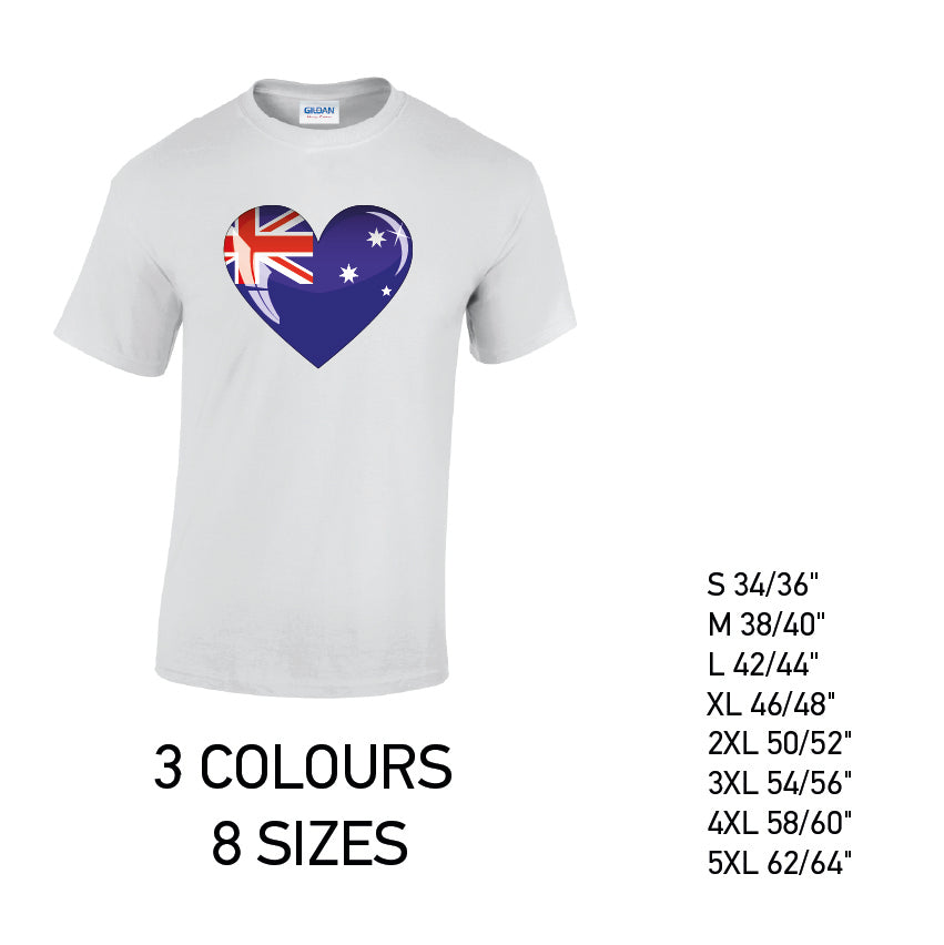 MT03 Austraila Heart Mens Cotton T-Shirt 8 sizes 3 Colours Available Latex printed