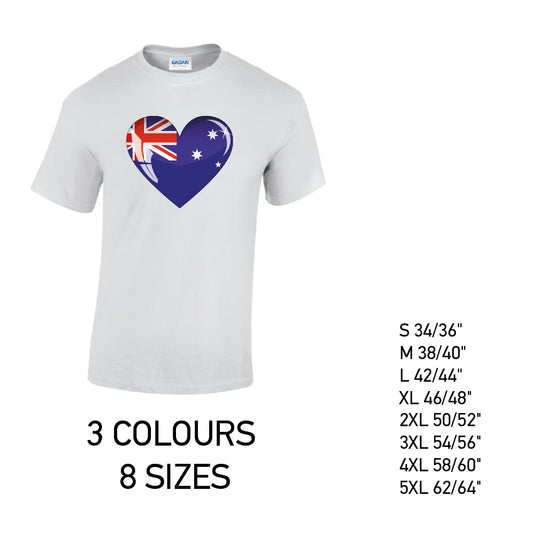 MT03 Austraila Heart Mens Cotton T-Shirt 8 sizes 3 Colours Available Latex printed
