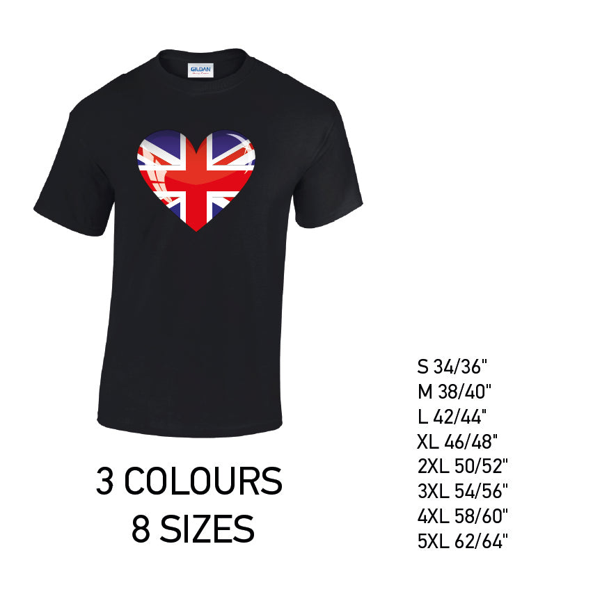MT04 British Heart Mens Cotton T-Shirt 8 sizes 3 Colours Available Latex printed