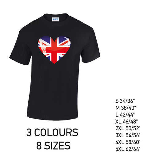 MT04 British Heart Mens Cotton T-Shirt 8 sizes 3 Colours Available Latex printed