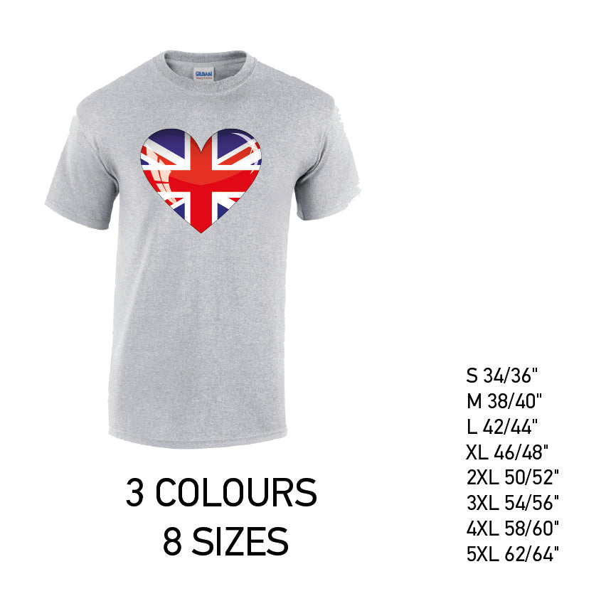 MT04 British Heart Mens Cotton T-Shirt 8 sizes 3 Colours Available Latex printed