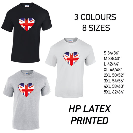 MT04 British Heart Mens Cotton T-Shirt 8 sizes 3 Colours Available Latex printed