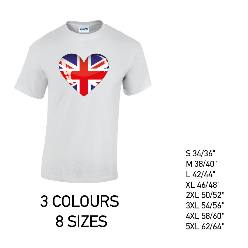 MT04 British Heart Mens Cotton T-Shirt 8 sizes 3 Colours Available Latex printed