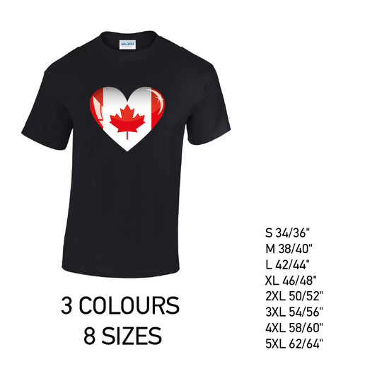 MT05 Canada Heart Mens Cotton T-Shirt 8 sizes 3 Colours Available Latex printed