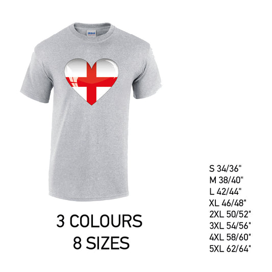 MT08 England Heart Mens Cotton T-Shirt 8 sizes 3 Colours Available Latex printed