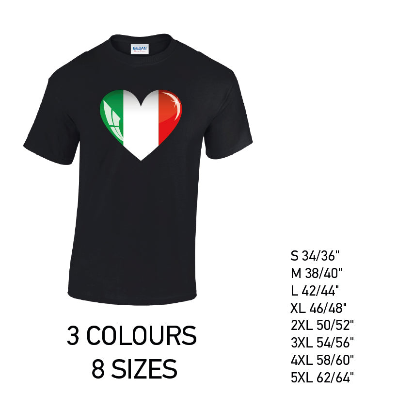 MT09 Italy Heart Mens Cotton T-Shirt 8 sizes 3 Colours Available Latex printed